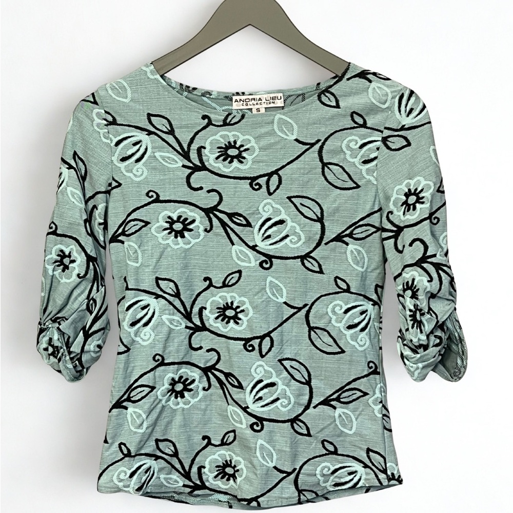 Y2K Vintage Andria Lieu Women's Embroidered Floral Ruched 3/4 Sleeve Top Size S